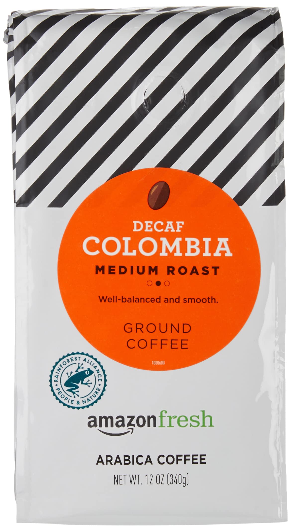 Amazon Fresh Decaf Colombia ground coffee bag emphasizes freshness for daily decaf brewing