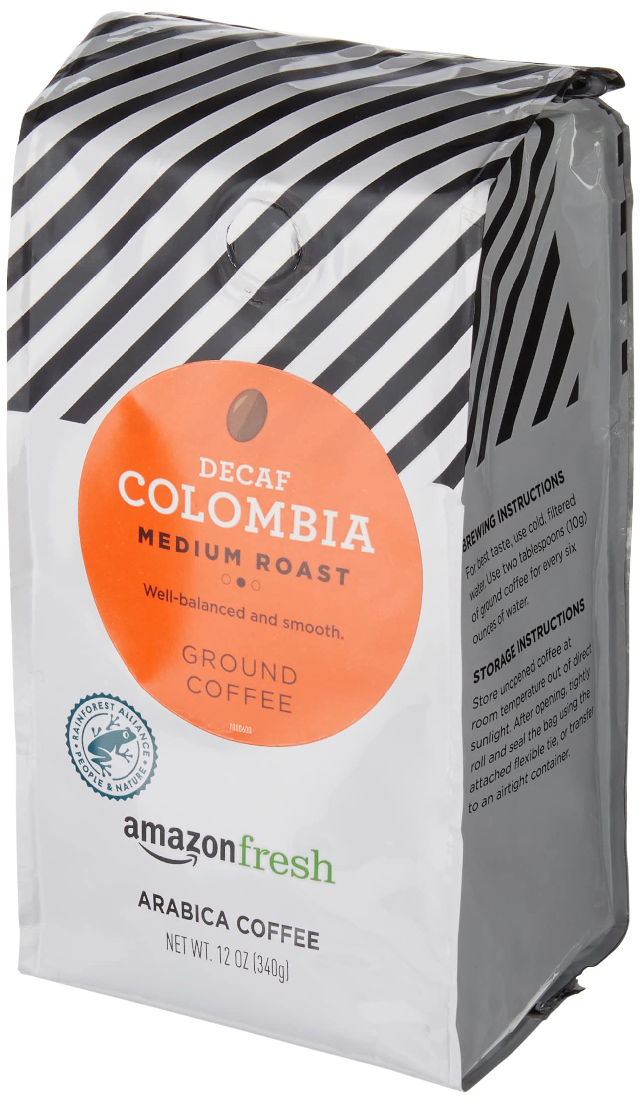 Amazon Fresh Decaf Colombia coffee label highlights 100% Arabica origin and balanced flavor