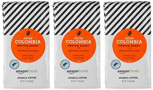 Amazon Fresh decaf ground coffee three-pack ready for brewing later