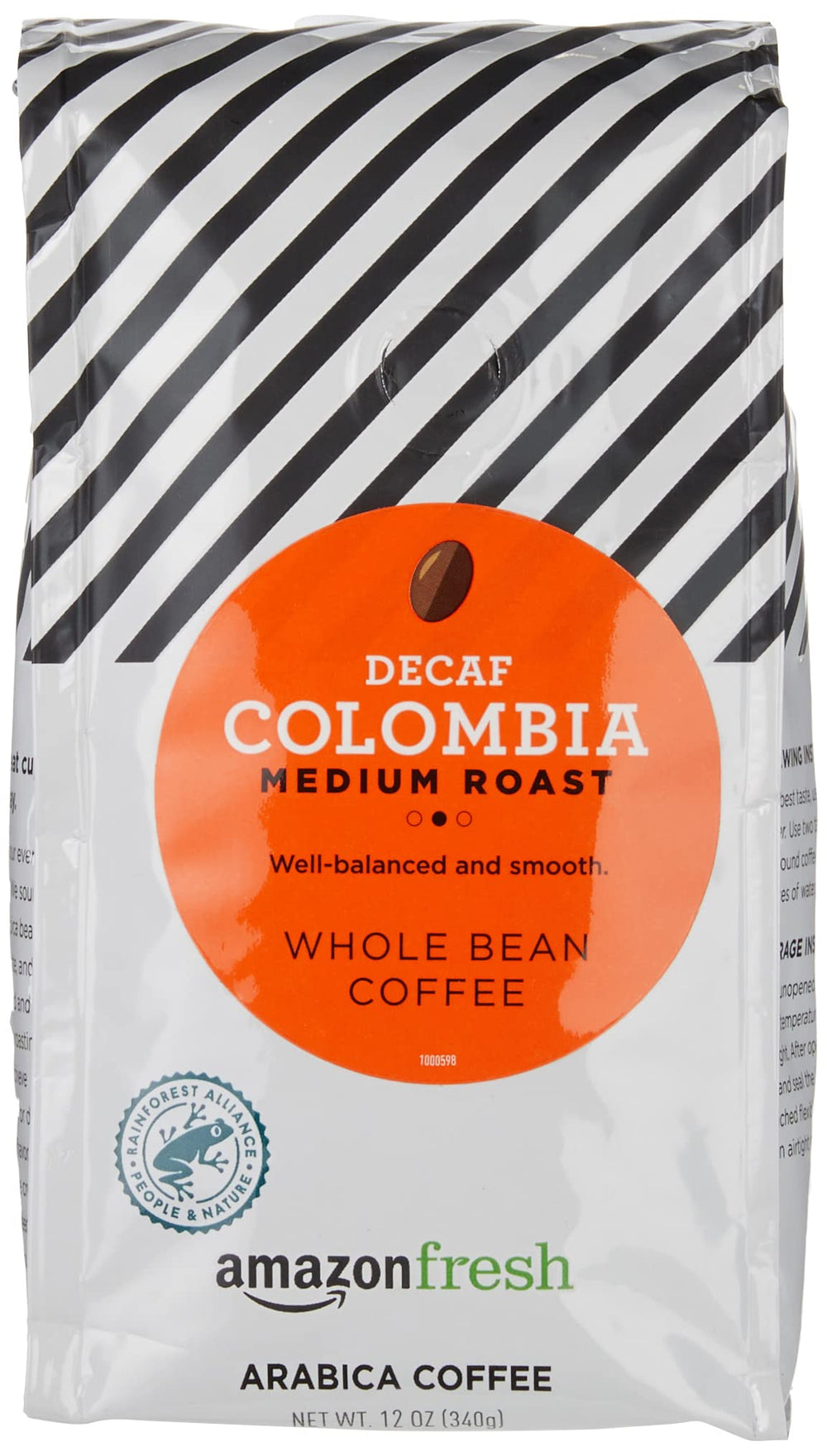 Amazon Fresh decaf Colombia whole-bean bag ready for a smooth morning brew