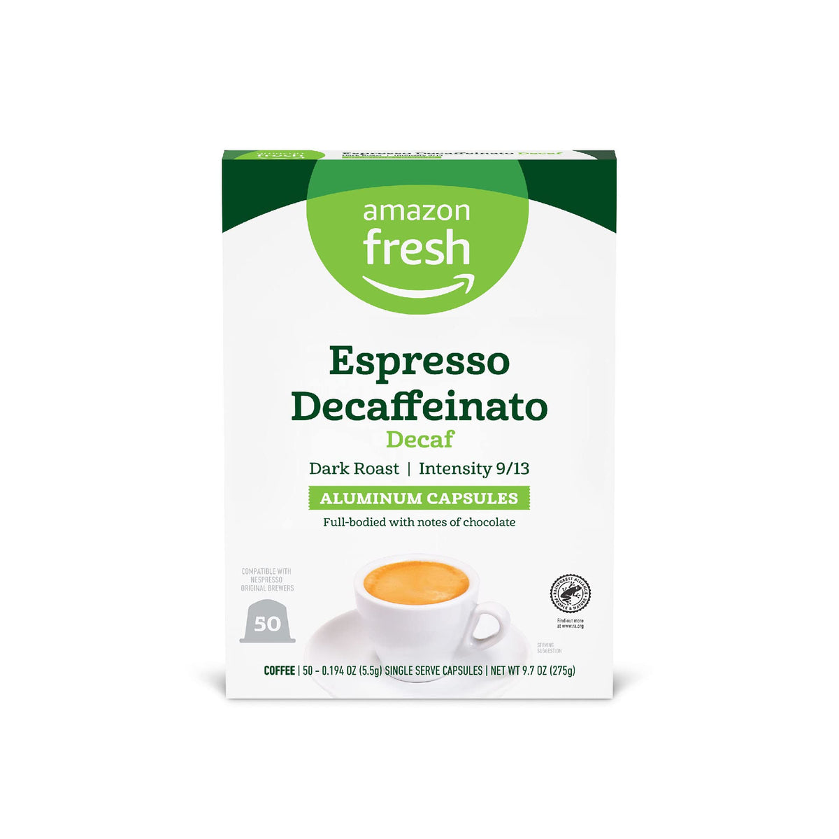 Amazon Fresh Espresso Decaffeinato packaging highlights aluminum capsules for quick, mess-free brewing