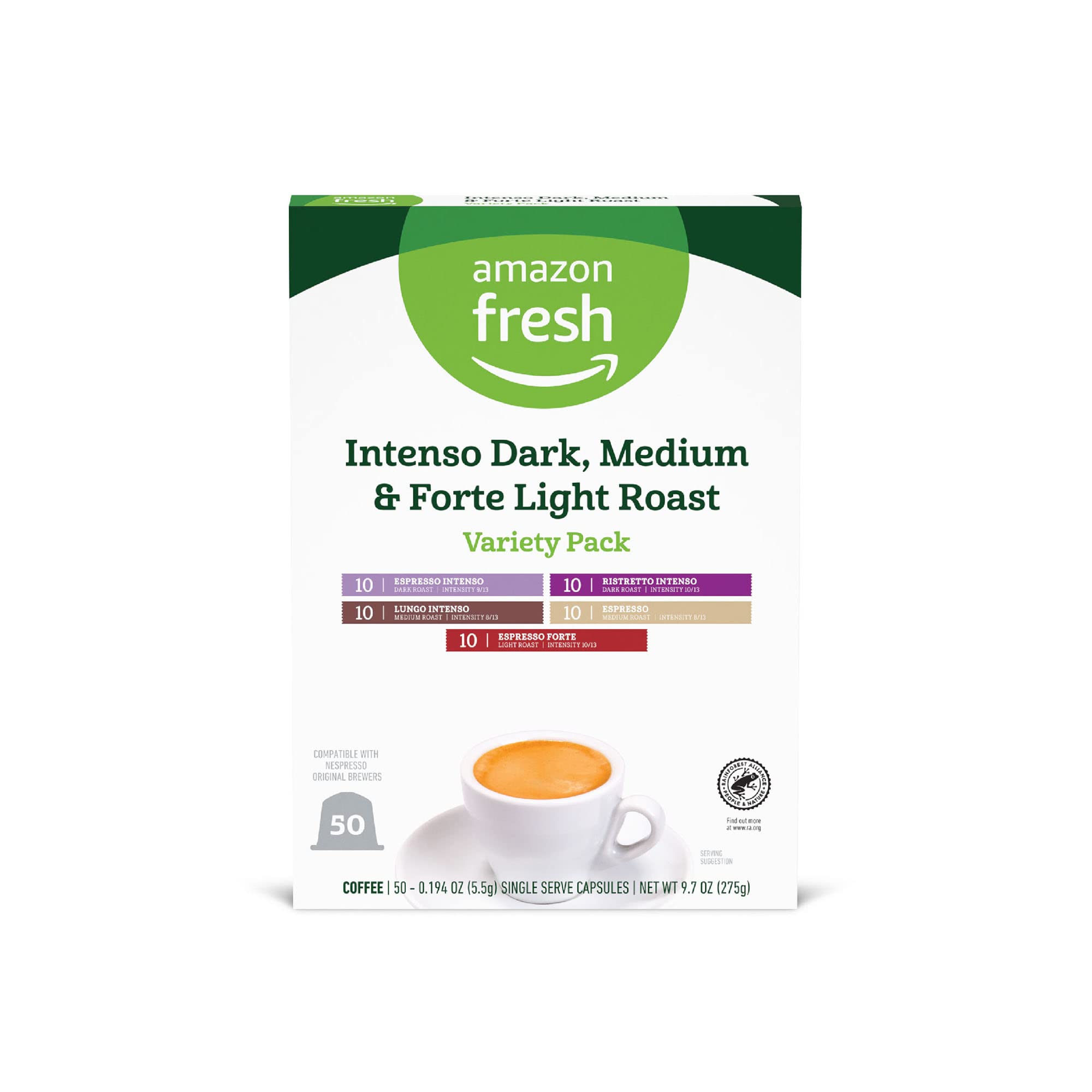 Amazon Fresh Intenso Dark capsules in packaging show bold espresso experience.