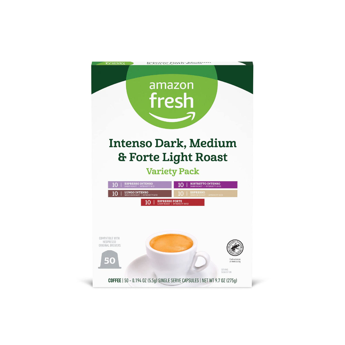 Amazon Fresh Intenso Dark capsules in packaging show bold espresso experience.