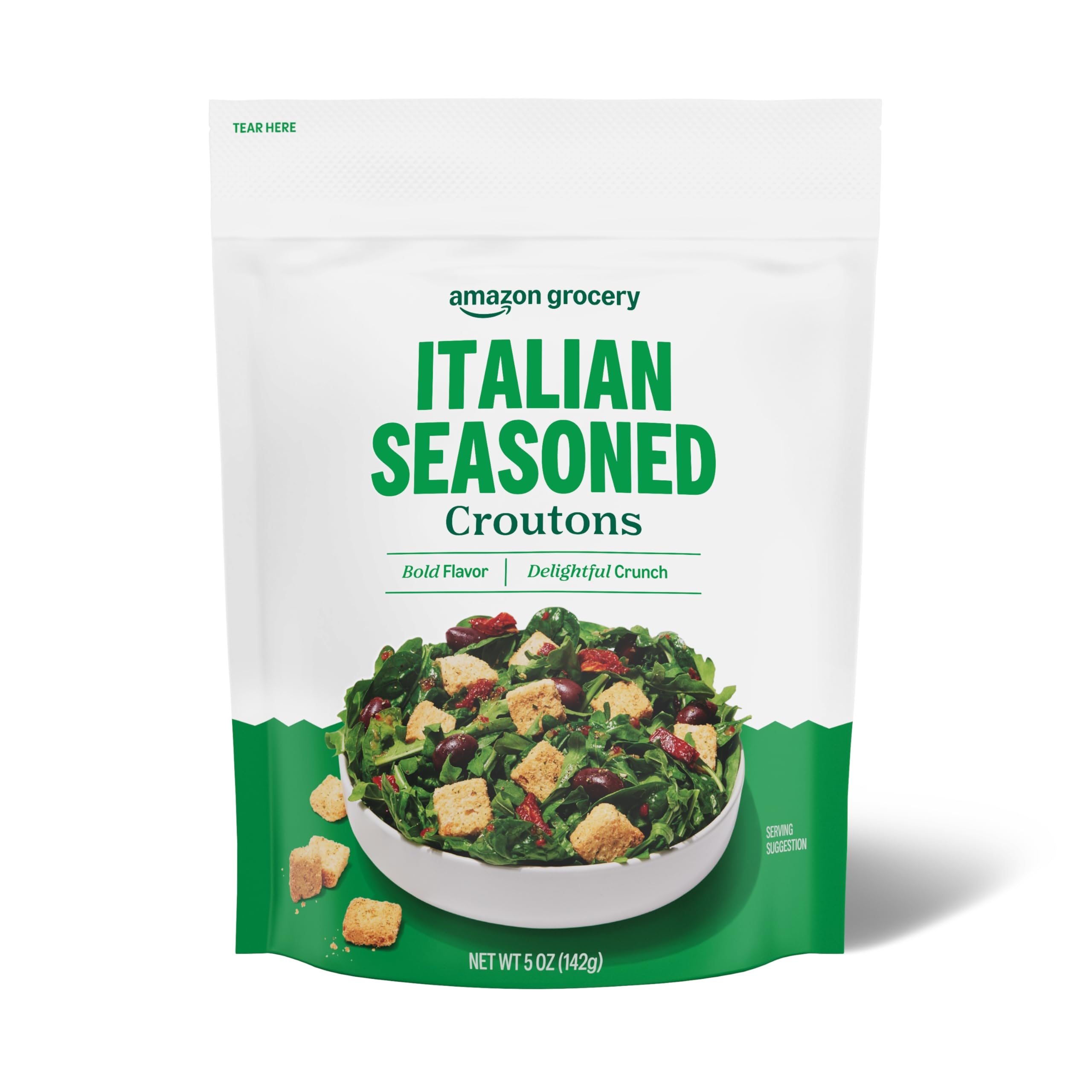 Amazon Fresh Italian seasoned croutons bag ready to top a fresh salad