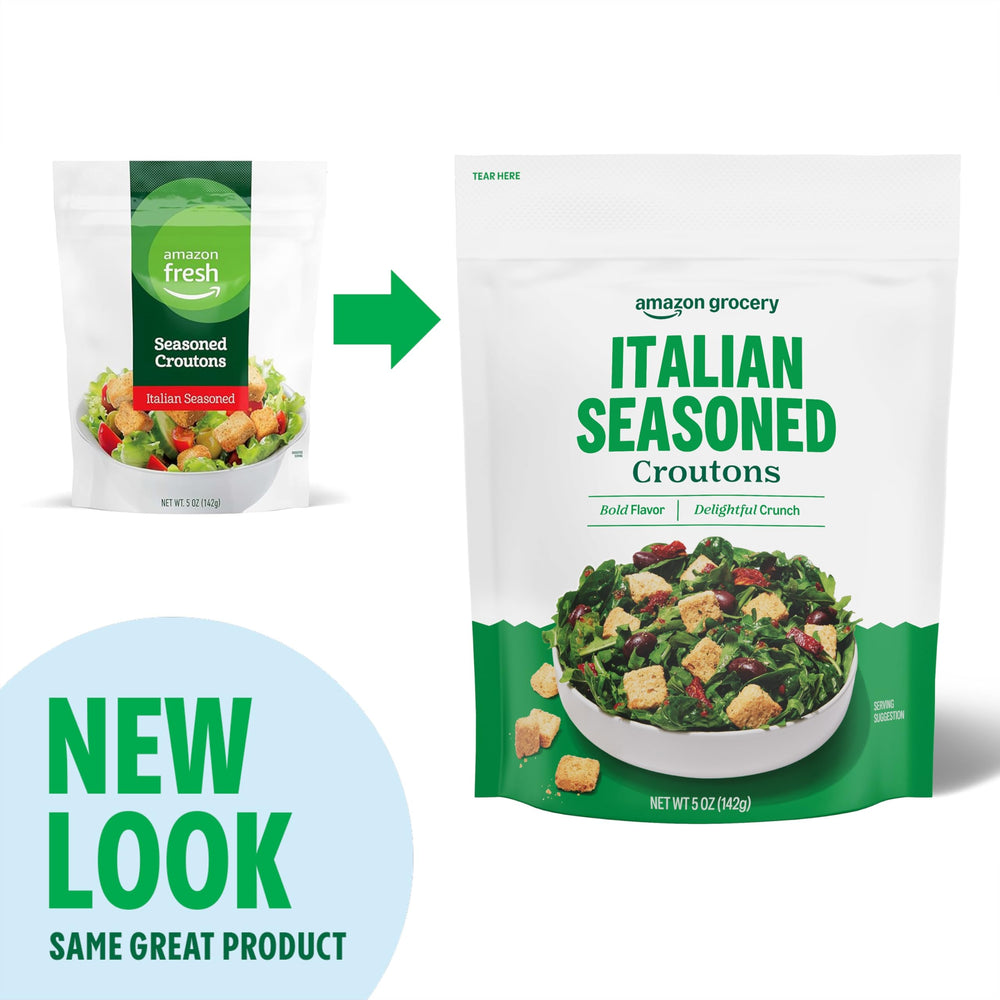 Pouring Amazon Fresh croutons from the bag onto a steaming bowl of soup