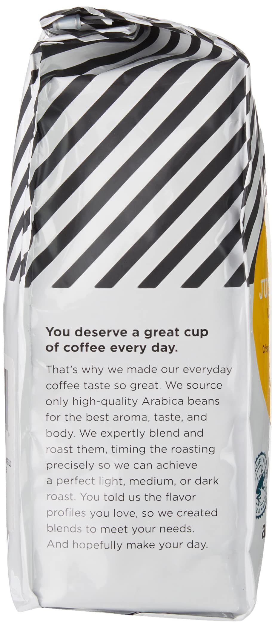 Amazon Fresh Just Bright Arabica beans offer a smooth, mild cup experience.