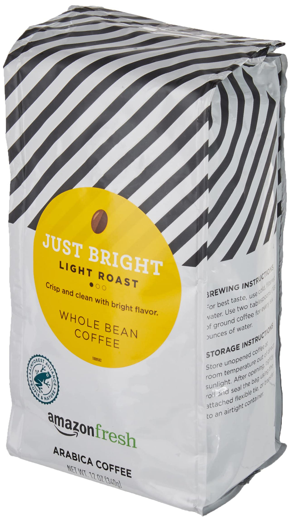 Amazon Fresh Just Bright coffee bag label signaling freshness and origin