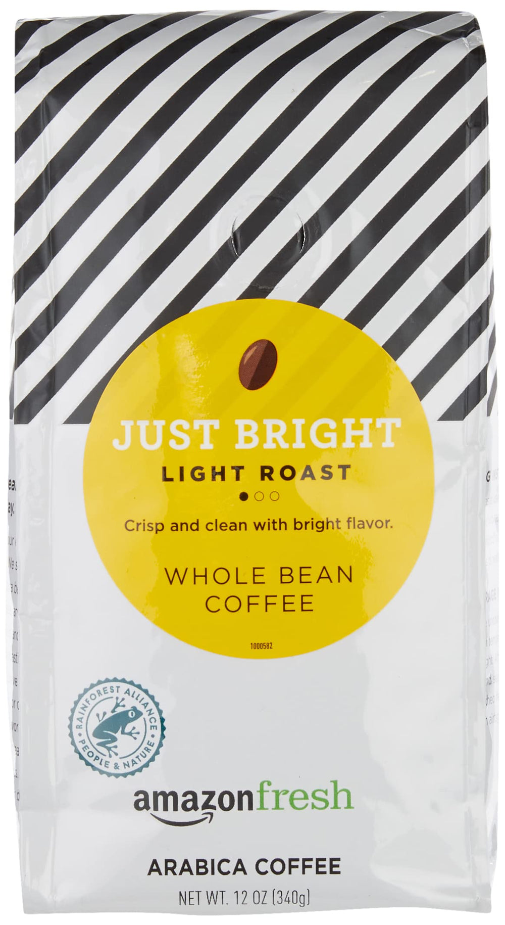 Amazon Fresh Just Bright light roast whole beans in bag, delivering a fresh aroma for mornings.