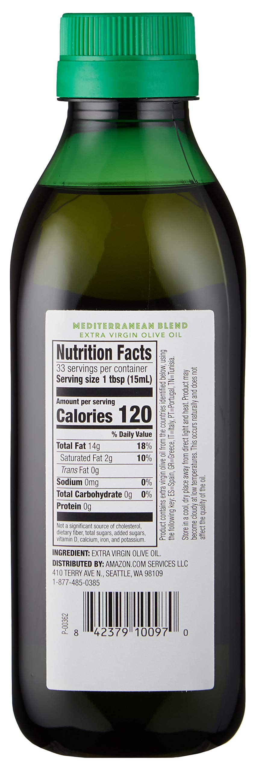 Amazon Fresh EVOO bottle top view ideal for measuring