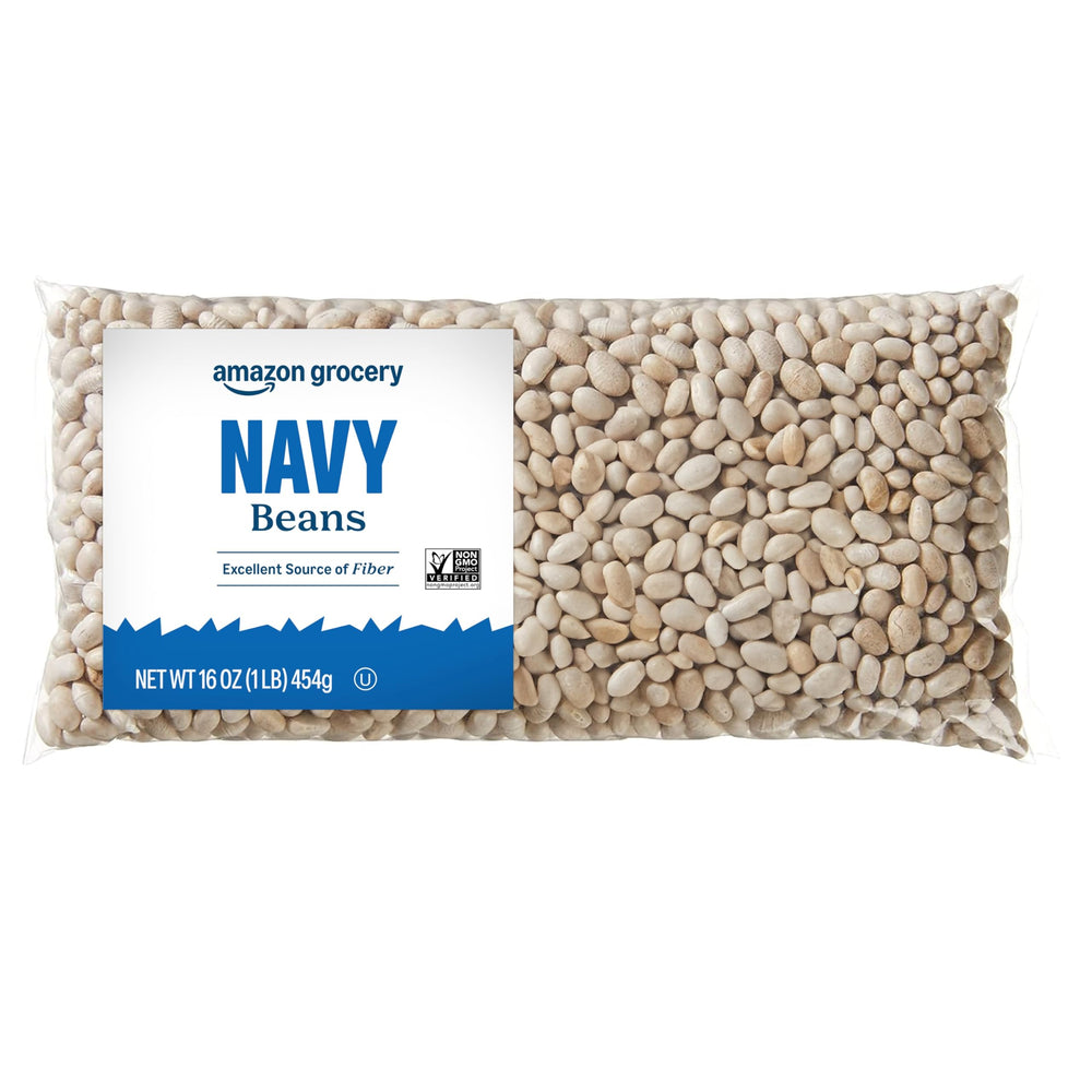 Amazon Fresh Navy Beans 16 oz pack on shelf, ideal for budget-friendly weeknight meals.