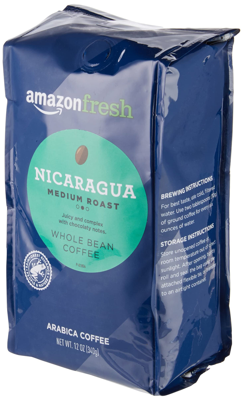Amazon Fresh Nicaragua coffee bag close-up shows aroma and packaging freshness.
