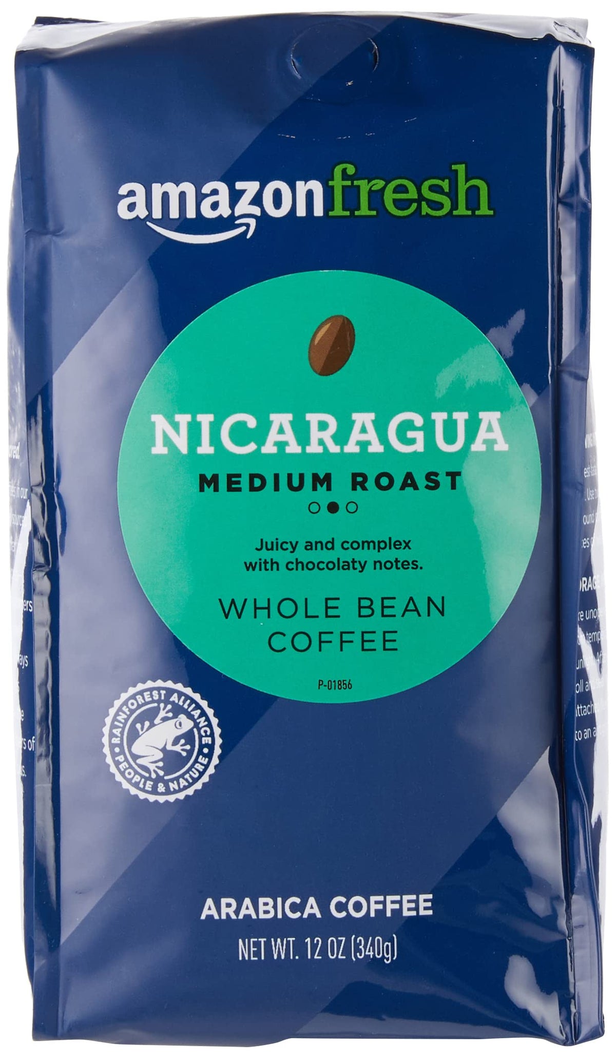 Amazon Fresh Nicaragua coffee bag front: rich aroma and medium-light roast.