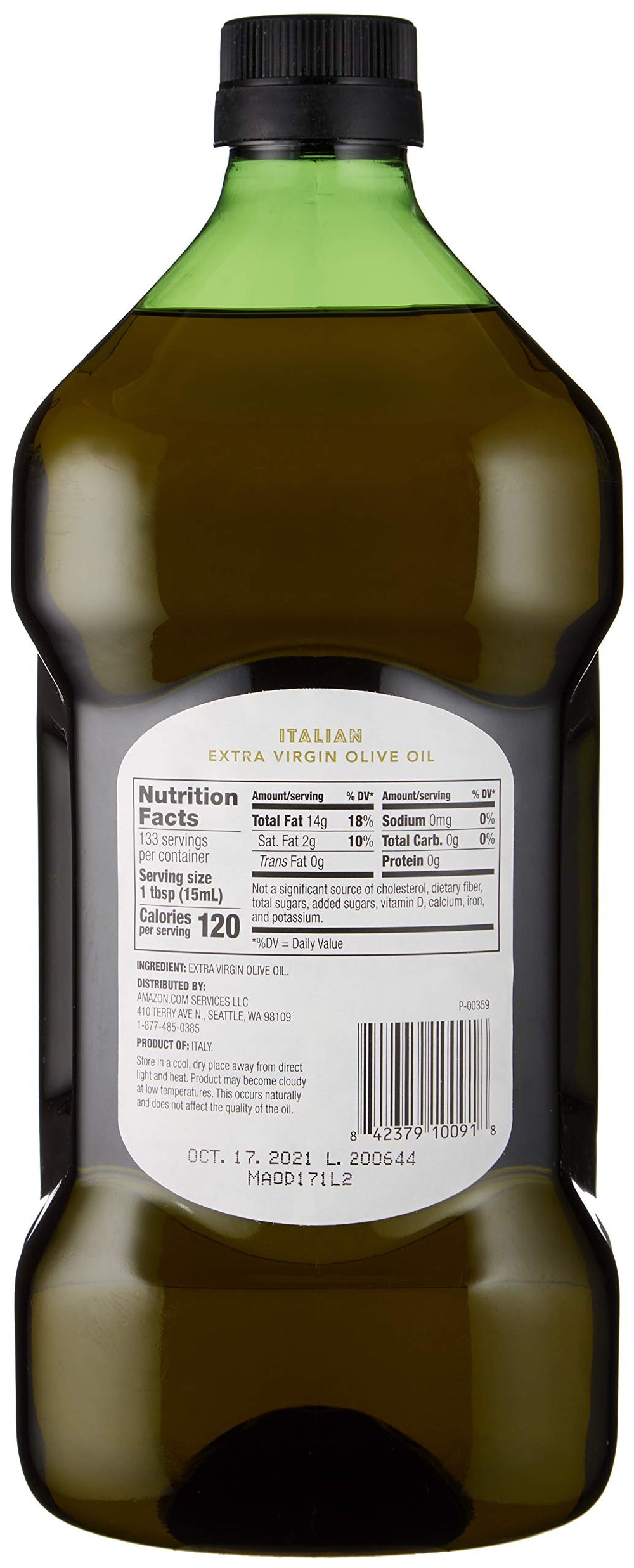 Amazon Fresh olive oil pour close-up, highlighting peppery aroma for sautéing.