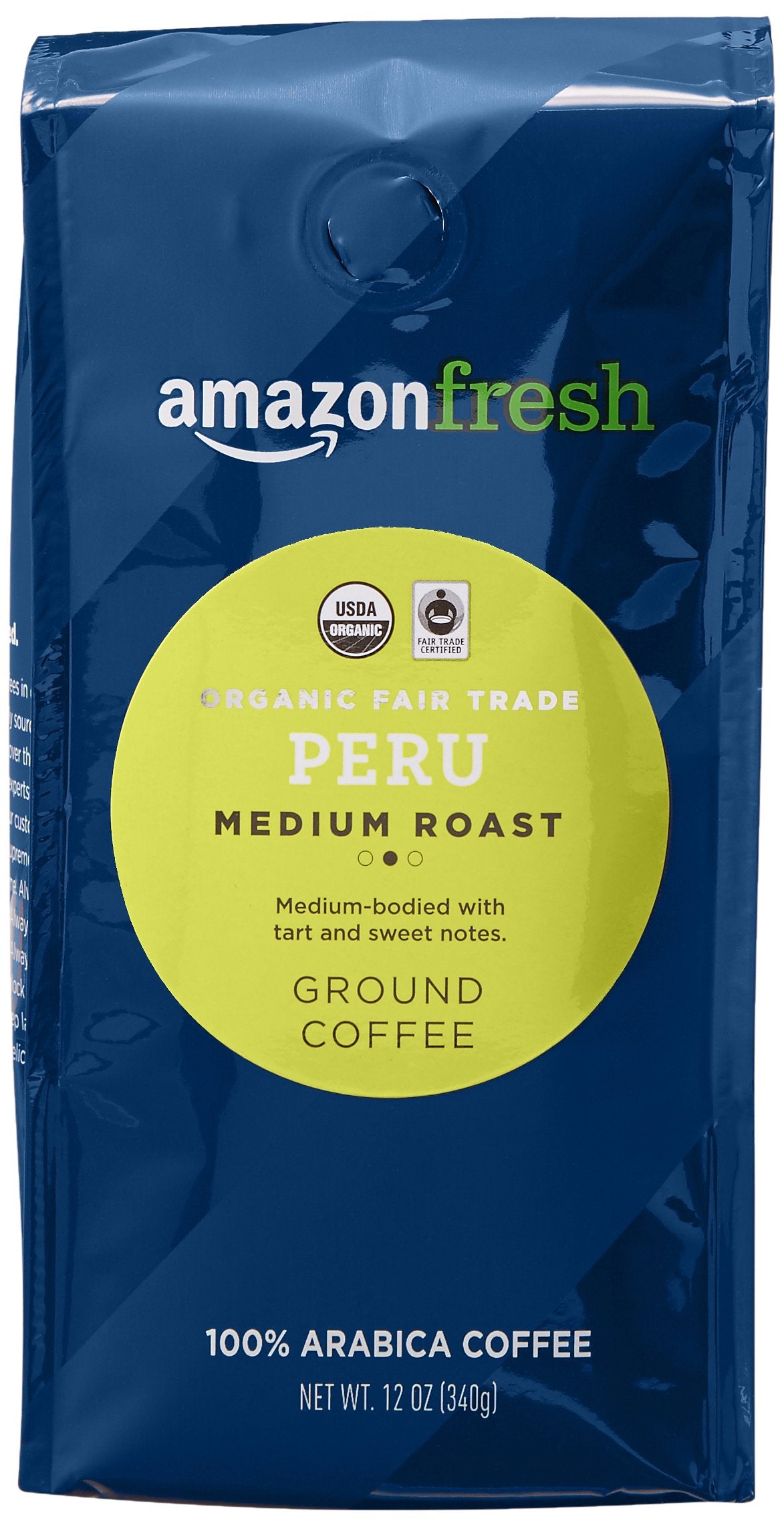 Amazon Fresh Organic Peru ground coffee bag with rich aroma for mornings.