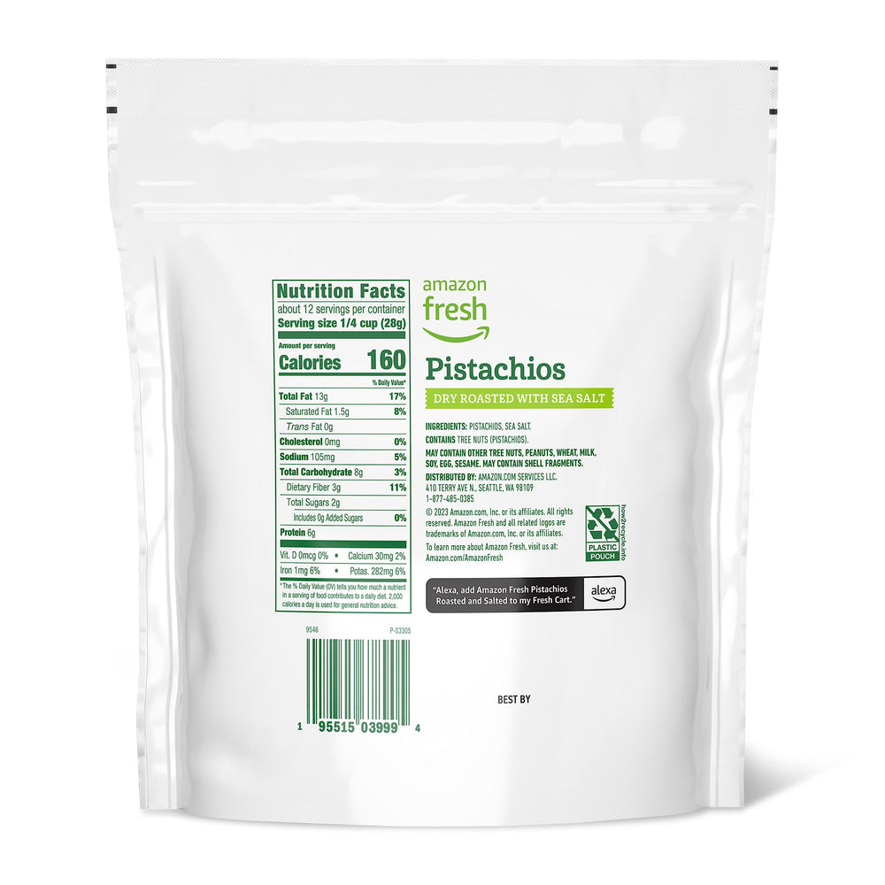 Amazon Fresh pistachios close-up showing dry roasting and sea salt for bold flavor