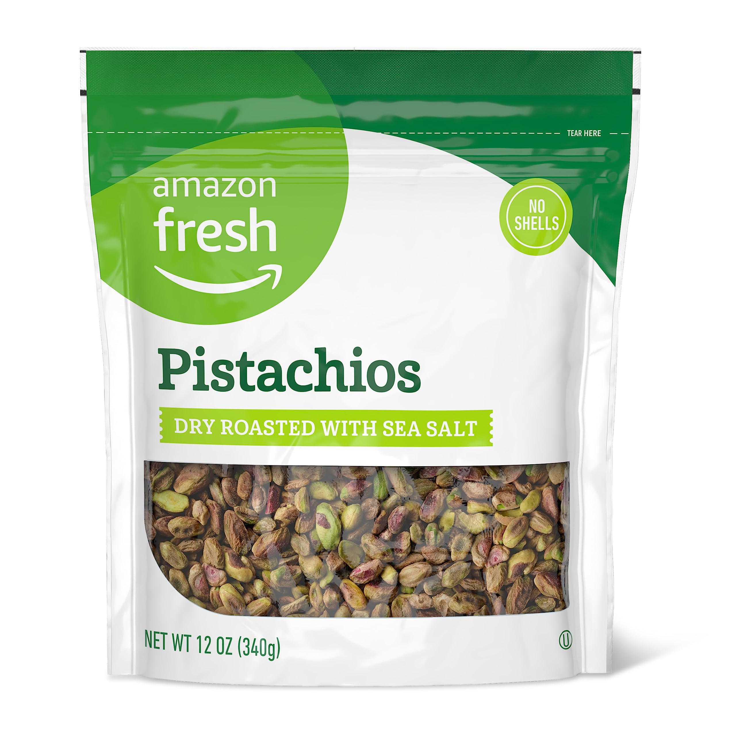Amazon Fresh pistachios in a resealable stand-up pouch offering convenient snacking and freshness