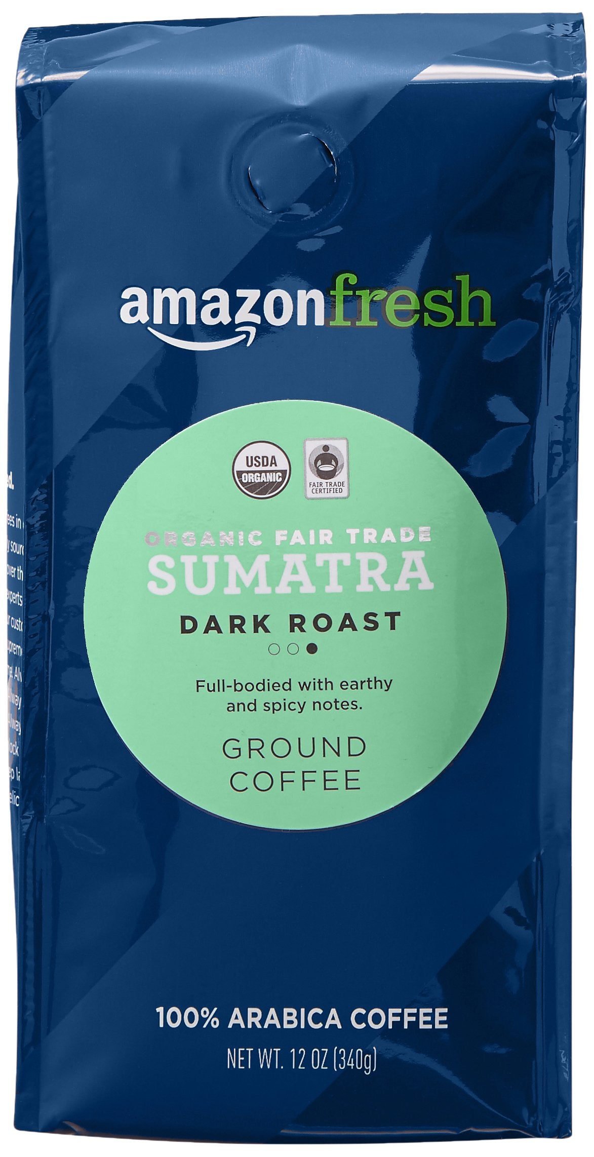 Amazon Fresh Sumatra coffee bag with bold dark roast aroma