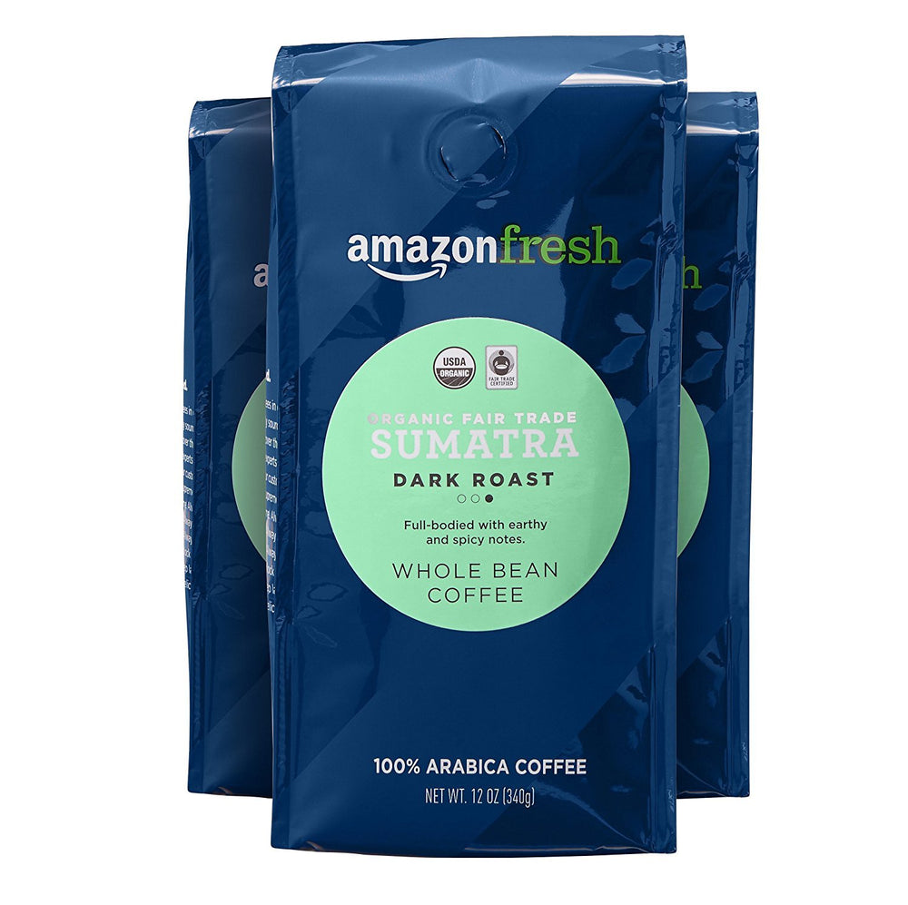 Amazon Fresh Sumatra coffee, whole-bean packs for a rich, fresh grind.
