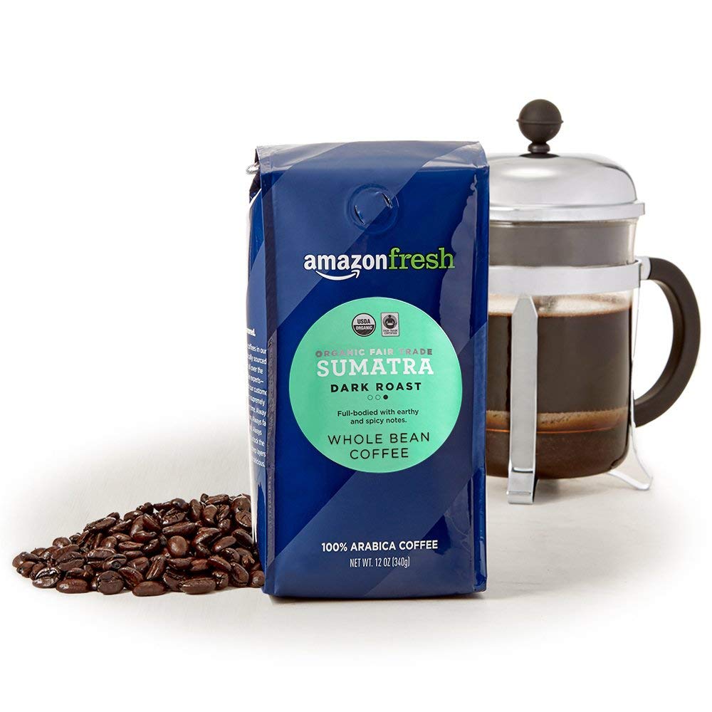 Amazon Fresh Sumatra Fair Trade Organic label on coffee bag.