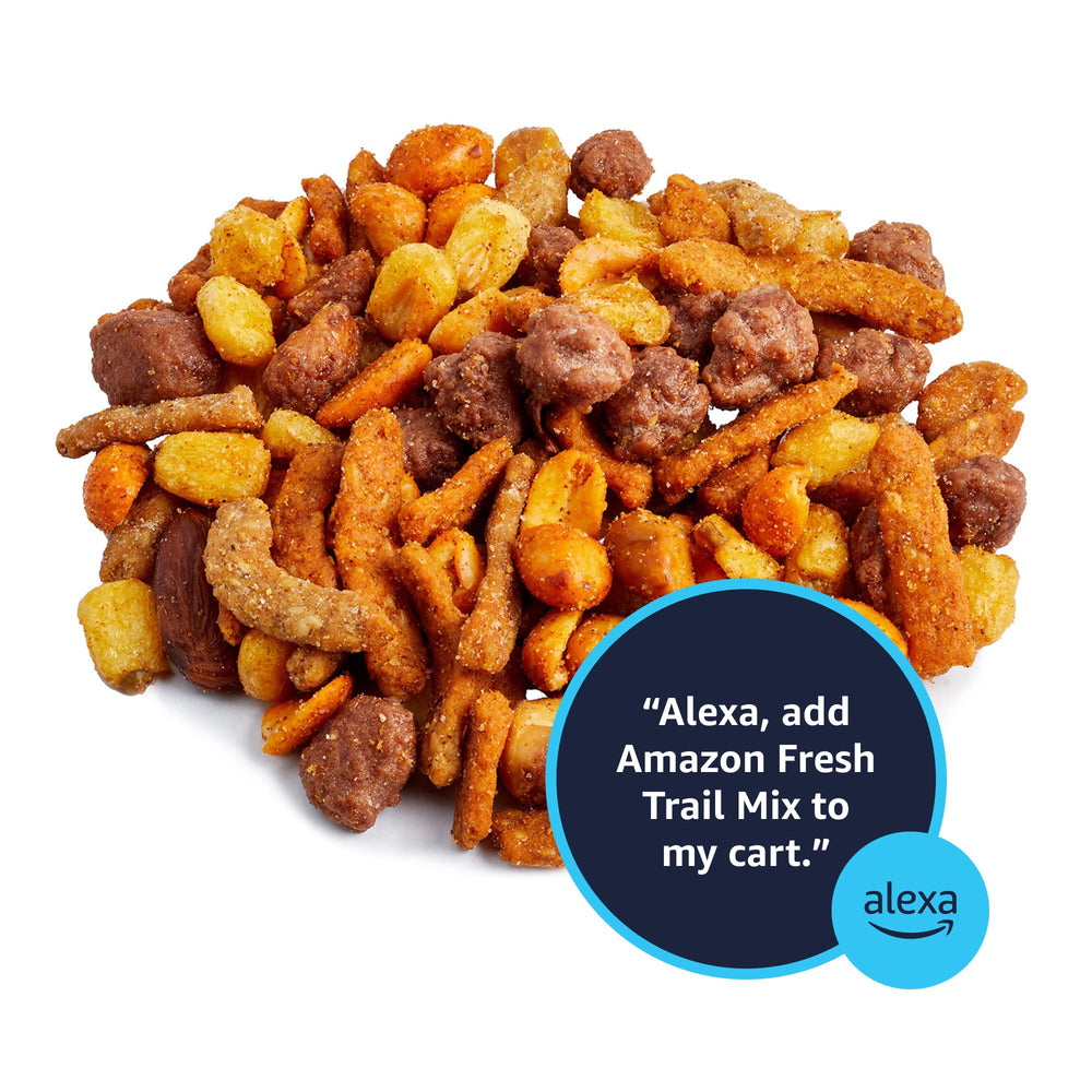 Label and packaging of Amazon Fresh Sweet and Spicy Trail Mix.