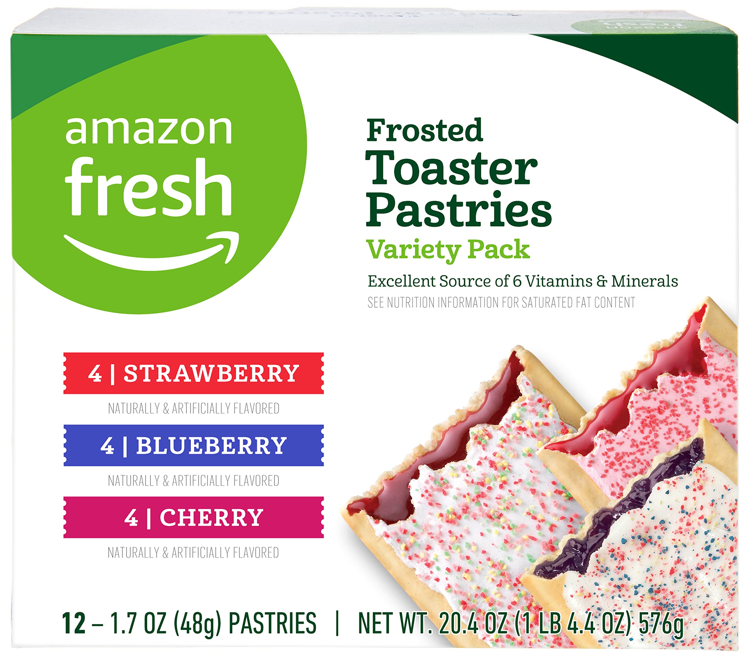 Amazon Fresh toaster pastries strawberry flavor in a 12-count box, ideal for busy mornings.