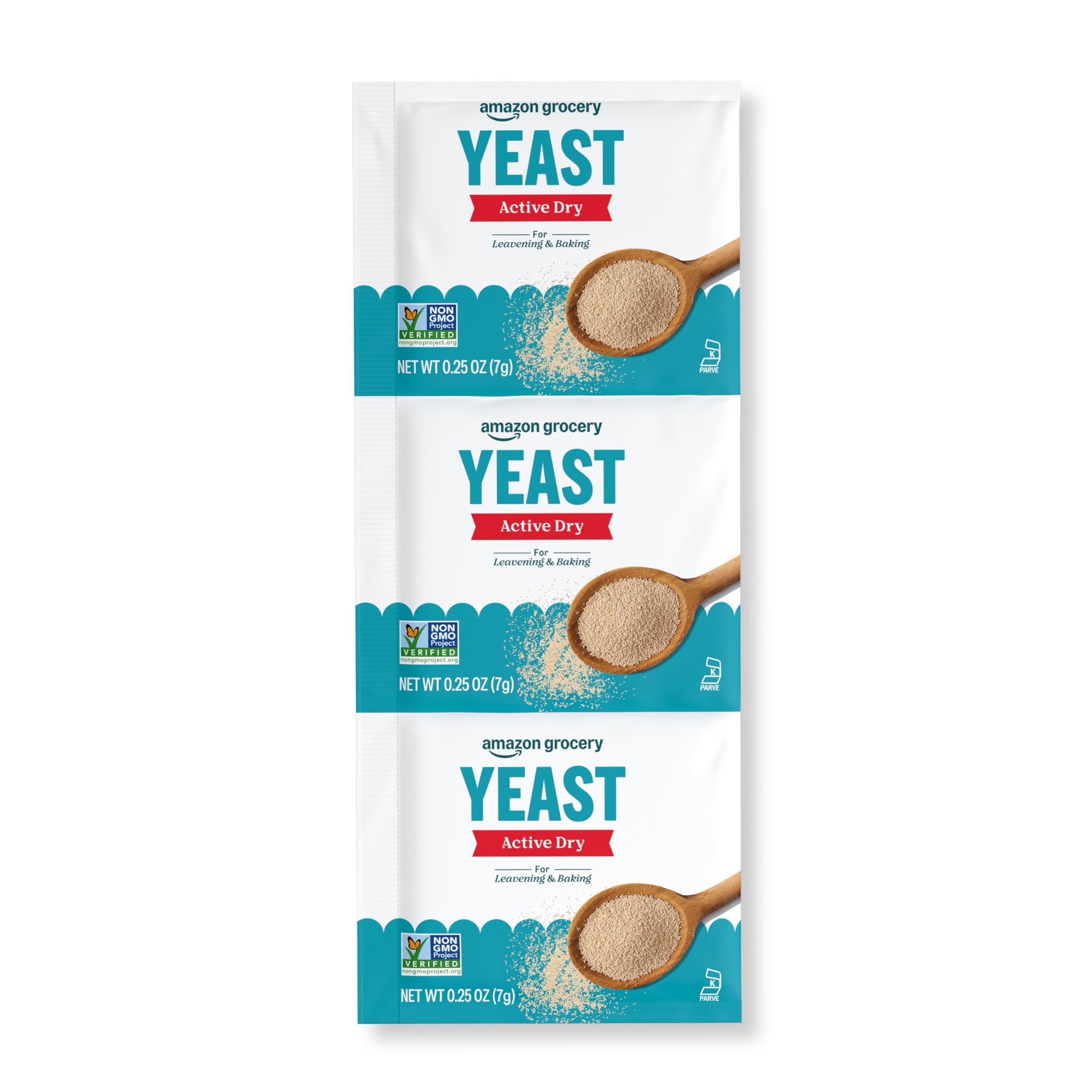 Amazon Grocery Active Dry Yeast 3-pack packaging for fresh baking versatility
