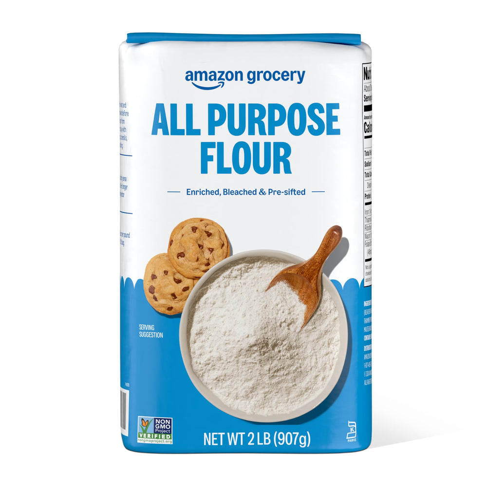 Amazon Grocery All Purpose Flour 2lb bag on counter for everyday baking.