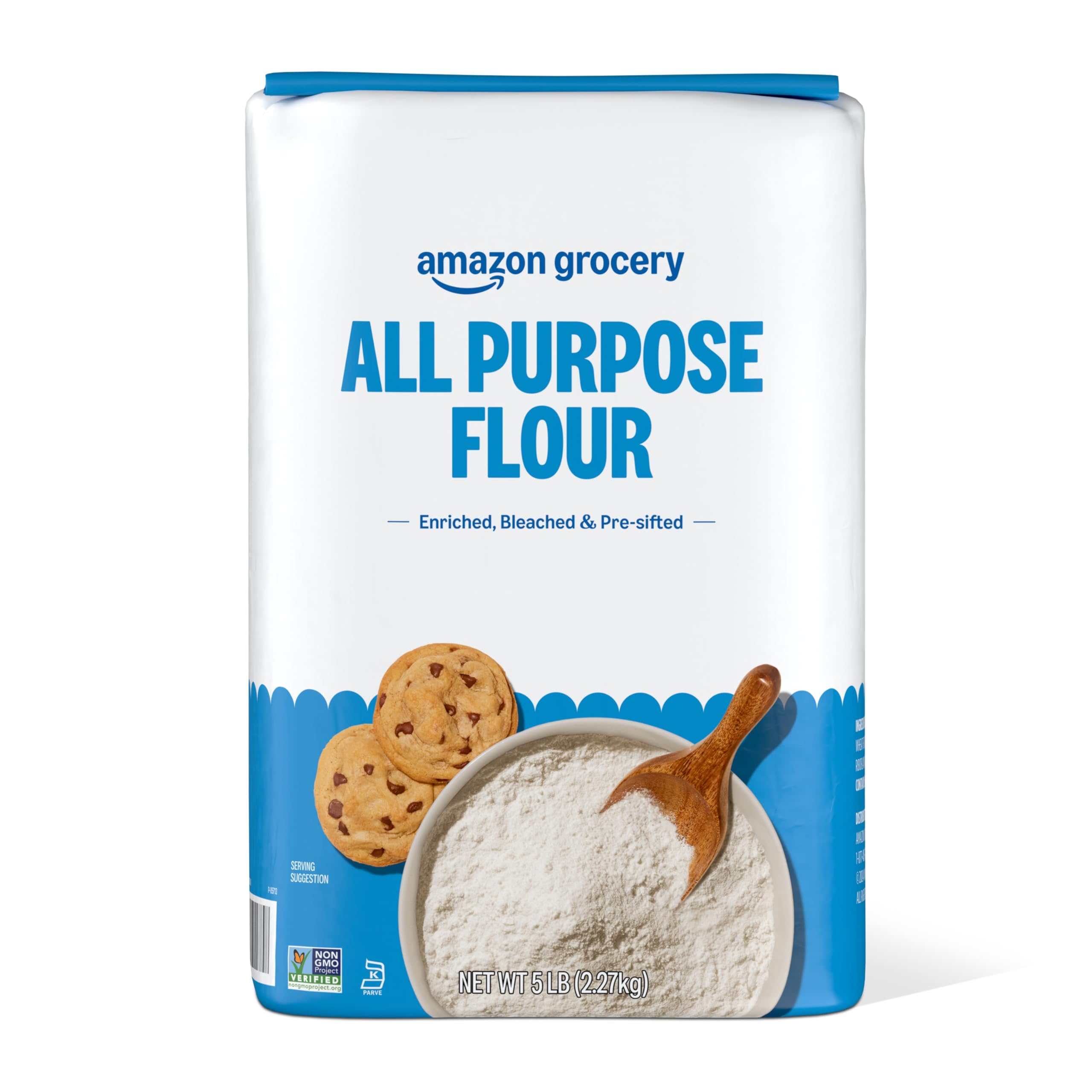 Amazon Grocery All Purpose Flour 5lb front view, ideal for everyday baking.