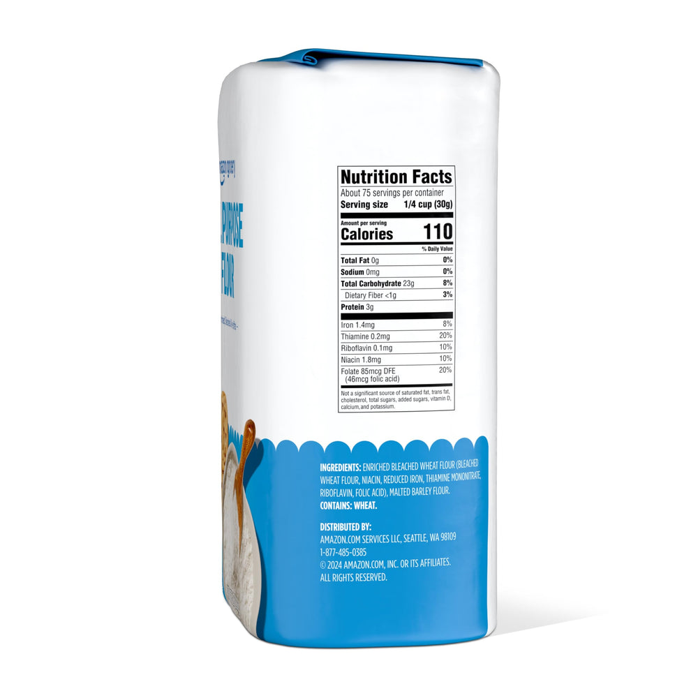Amazon Grocery All Purpose Flour 5lb nutrition label close-up, useful for recipe planning.
