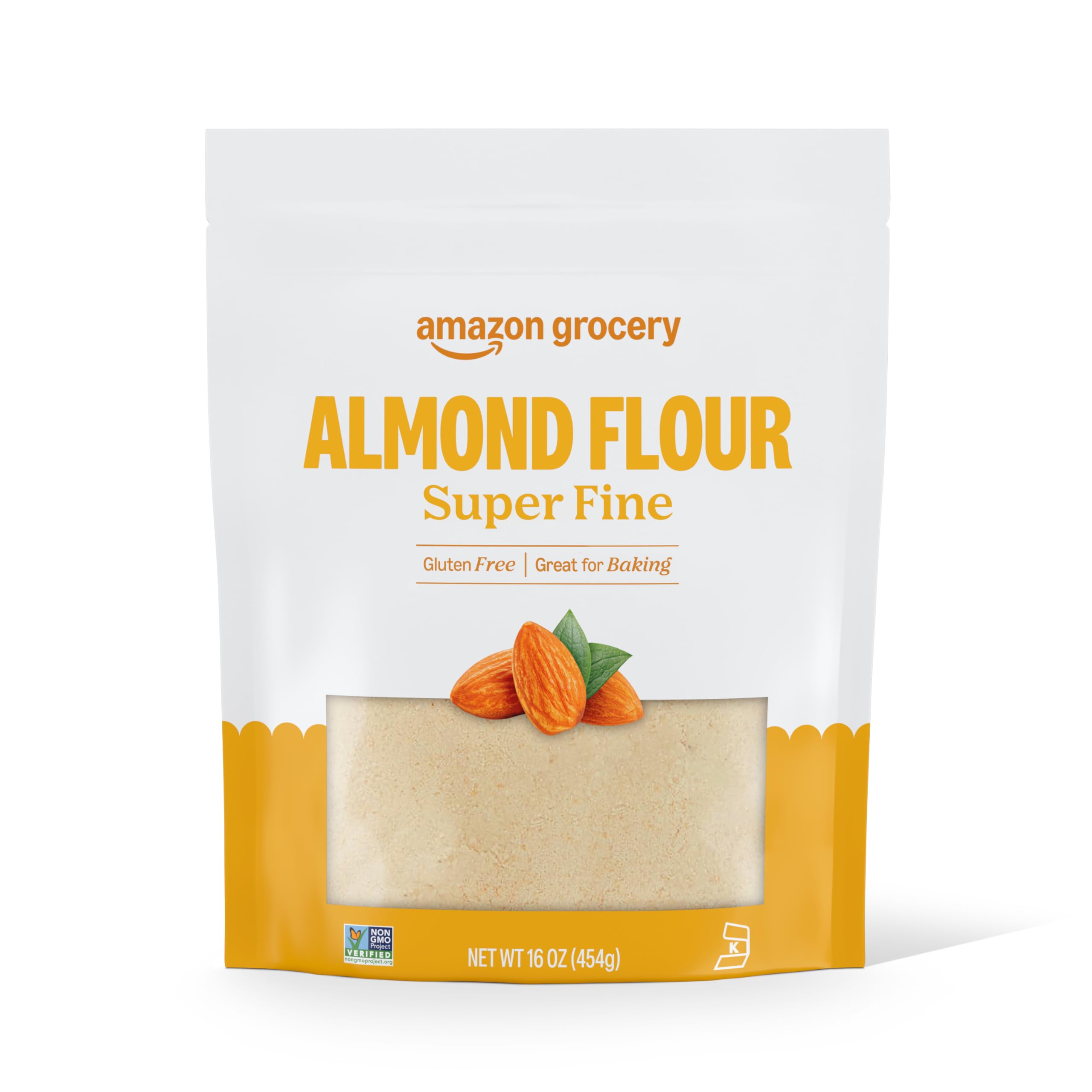 Amazon Grocery almond flour 16oz bag close-up, gluten-free baking essential.