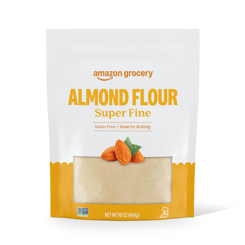 Amazon Grocery almond flour 16oz bag close-up, gluten-free baking essential.