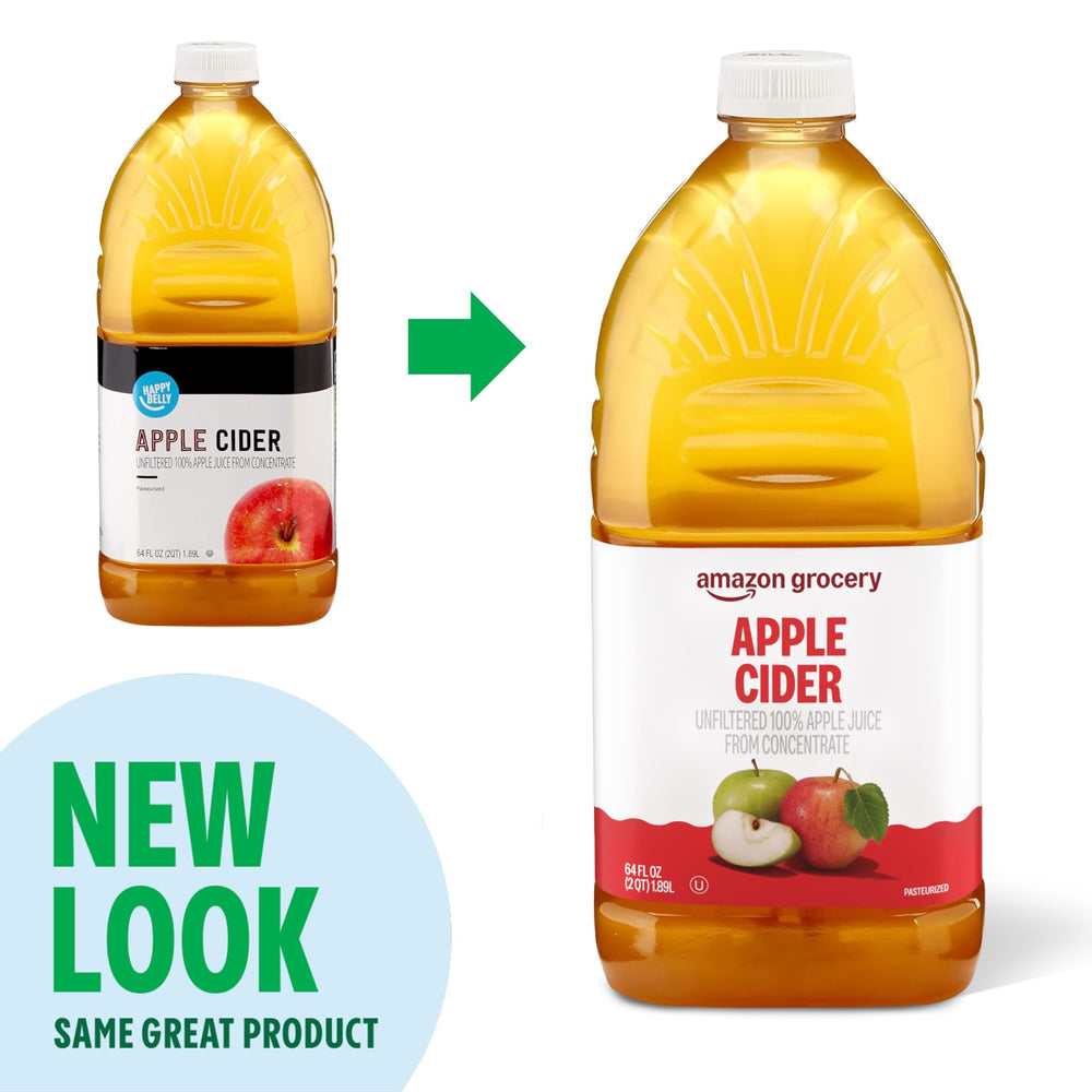 Amazon Grocery Apple Cider 64oz in a glass, perfect for sipping or recipe splash.