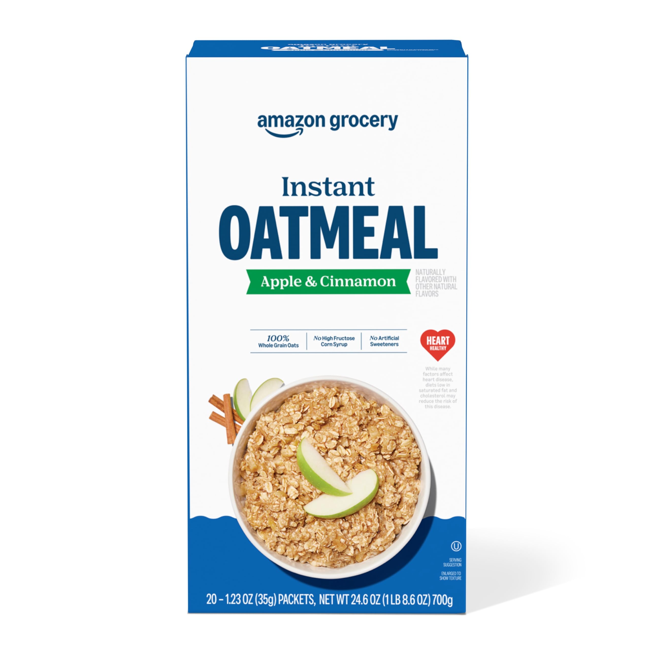 Amazon Grocery Apple & Cinnamon Instant Oatmeal box viewed for quick breakfast prep