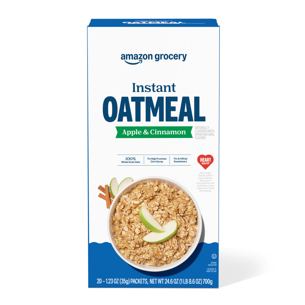 Amazon Grocery Apple & Cinnamon Instant Oatmeal box viewed for quick breakfast prep