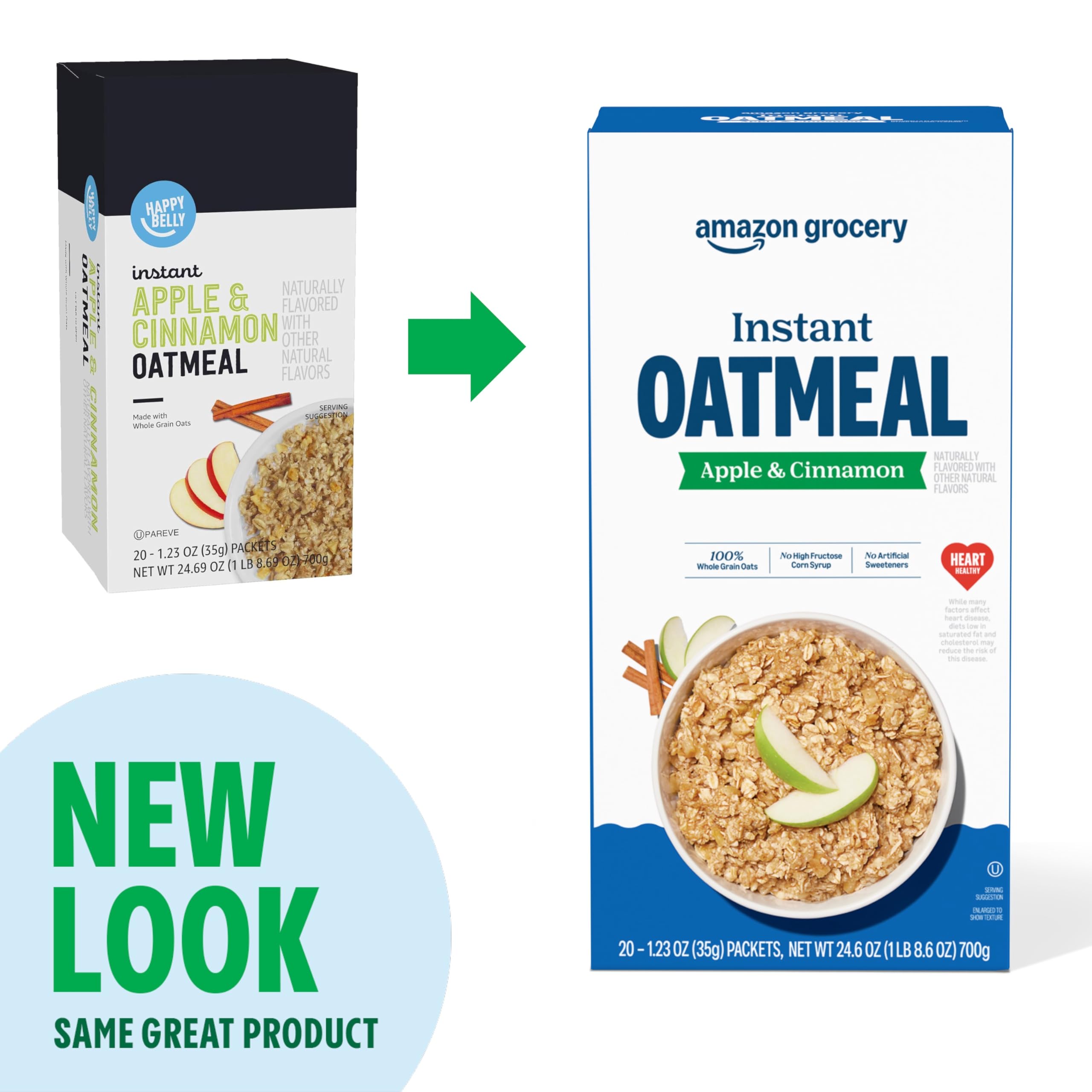 Amazon Grocery Apple & Cinnamon Instant Oatmeal with 100% whole grain oats for energy