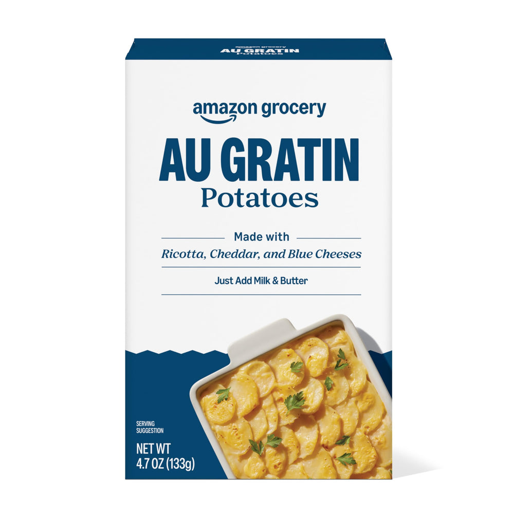 Amazon Grocery Au Gratin Potatoes box front, easy weeknight side option.