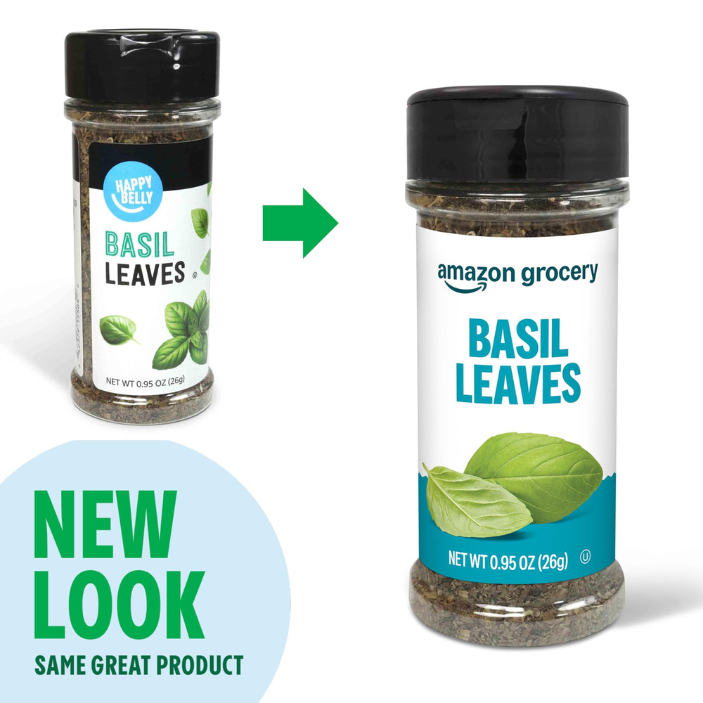 Amazon Grocery Basil Leaves label closeup highlights fresh aroma.