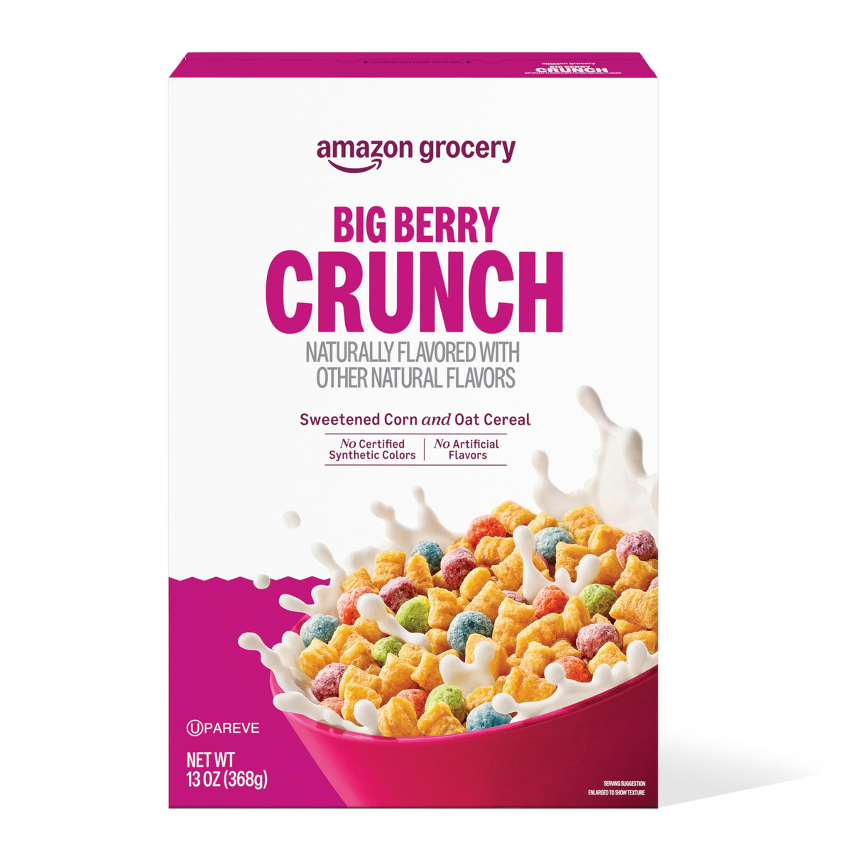 Amazon Grocery Big Berry Crunch cereal box front with berry accents for a tasty morning.
