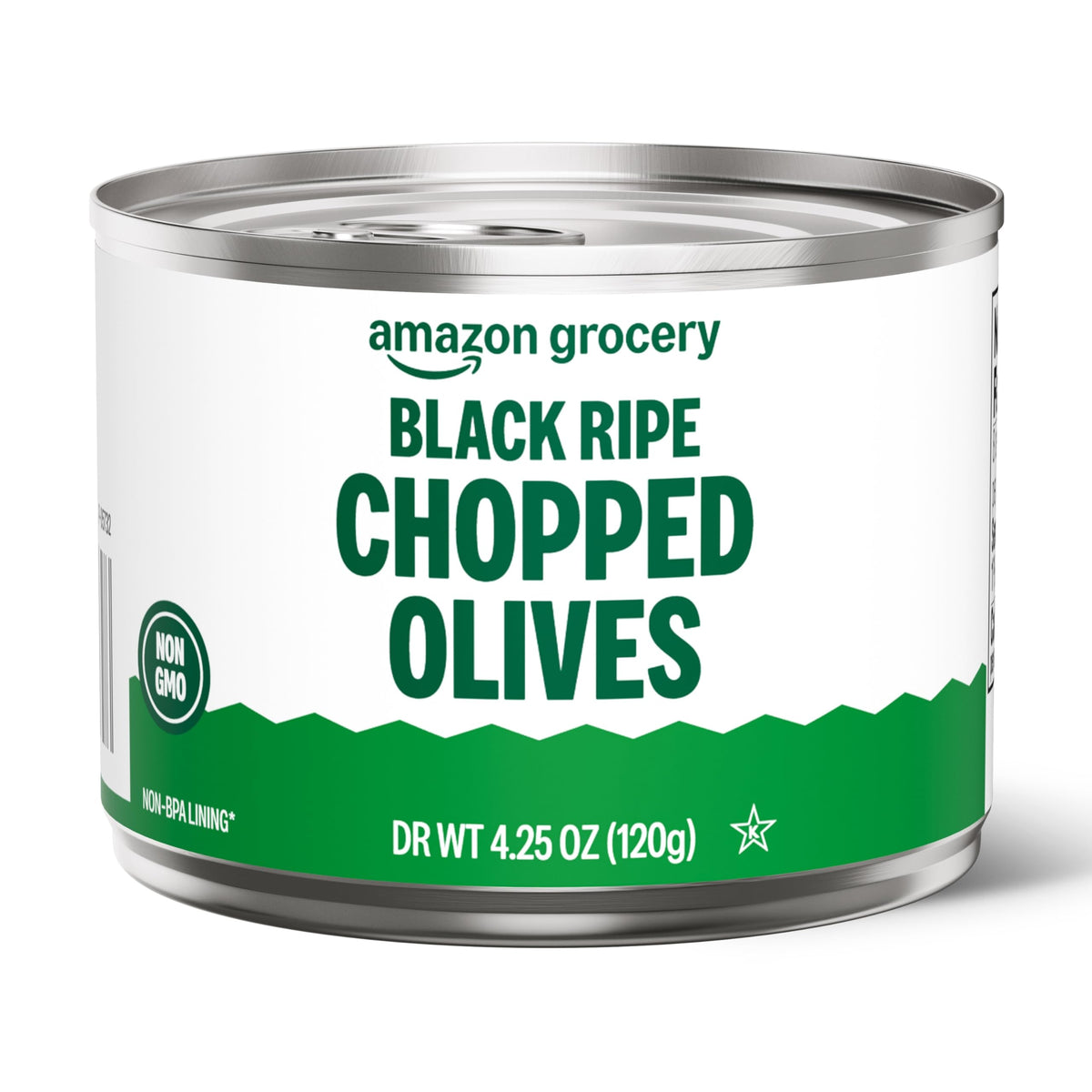 Amazon Grocery black ripe chopped olives can front, perfect for quick pizza toppings