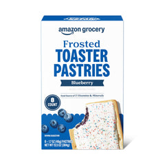 Amazon Grocery Blueberry Frosted Toaster Pastries box with eight pastries for quick breakfasts.