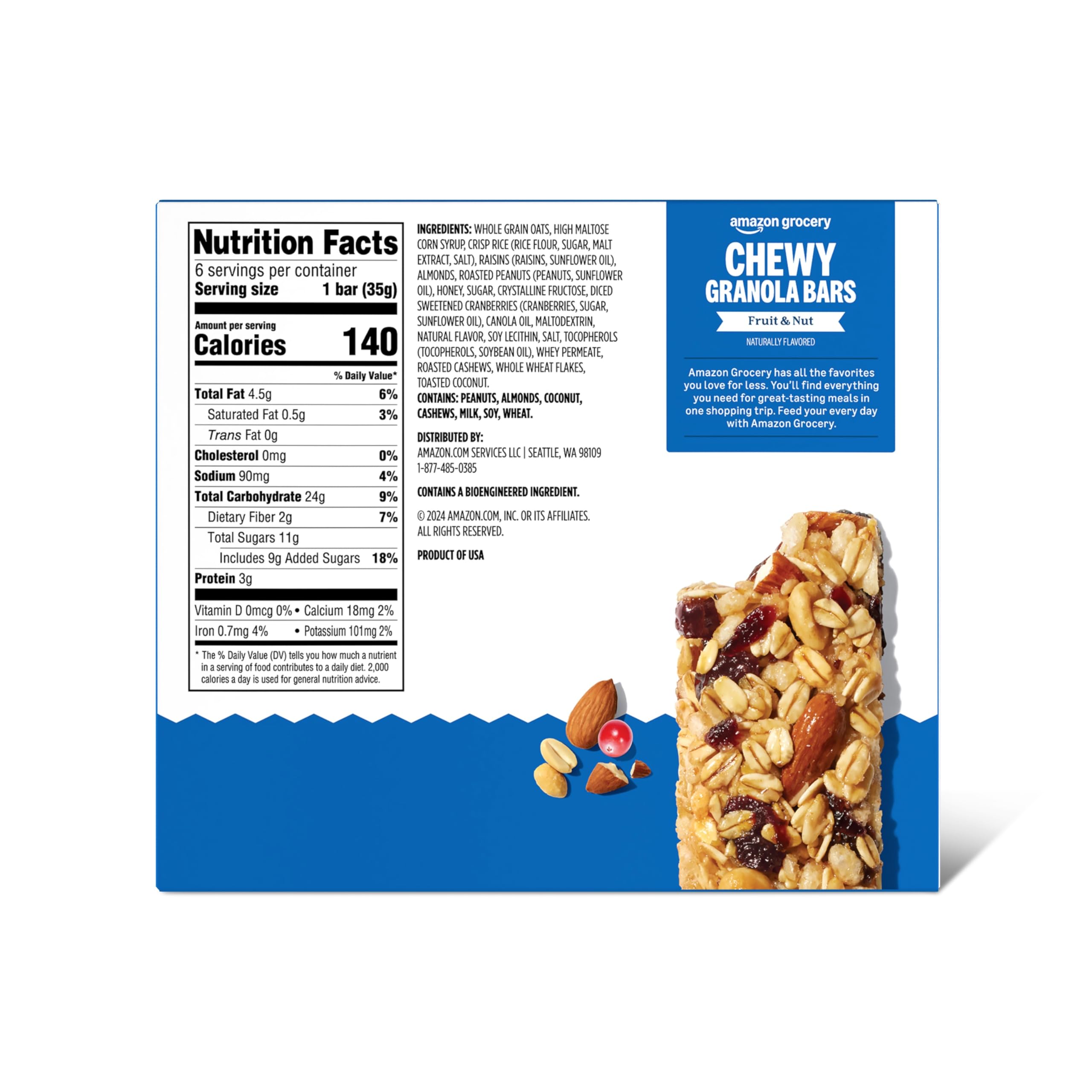 Amazon Grocery box front view shows a 7.4 oz package of six bars for convenient snacking.