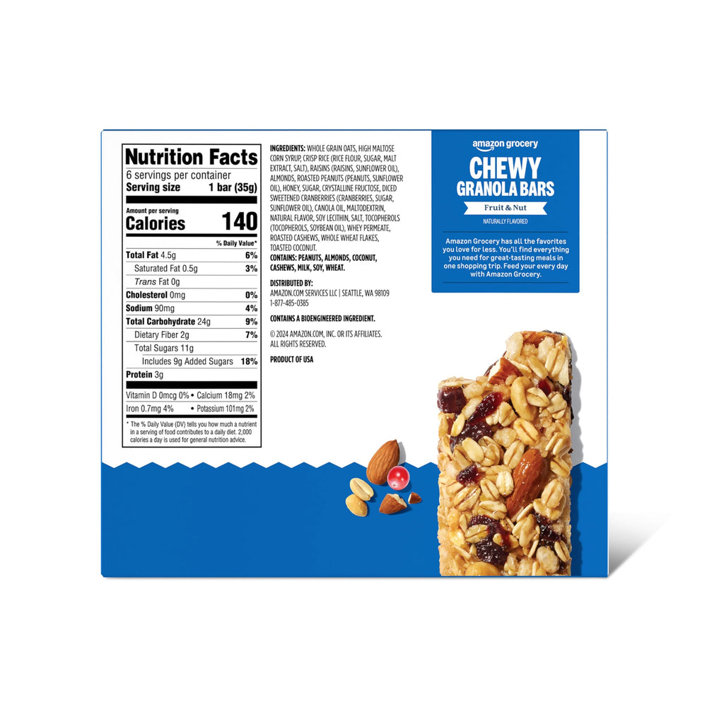 Amazon Grocery box front view shows a 7.4 oz package of six bars for convenient snacking.