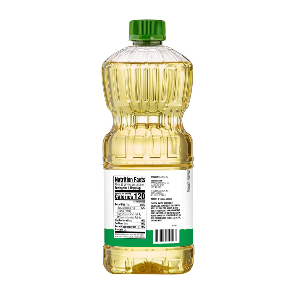 Amazon Grocery Canola Oil 48oz bottle front view ready for use.