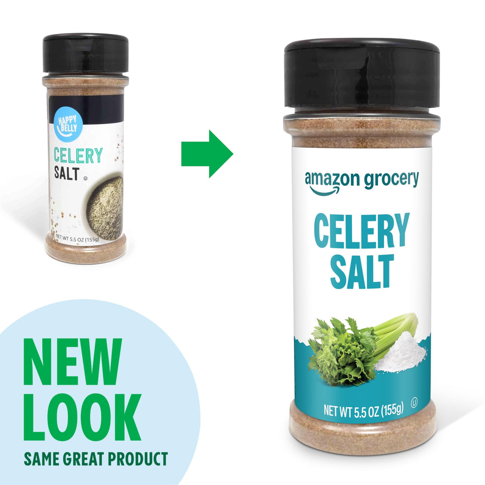 Amazon Grocery celery salt label highlights simple ingredients and no artificial additives.