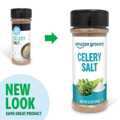 Amazon Grocery celery salt label highlights simple ingredients and no artificial additives.