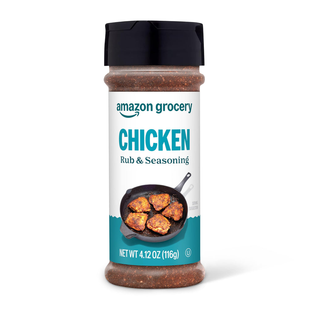 Amazon Grocery chicken rub seasoning jar front, ready to season chicken and fish.