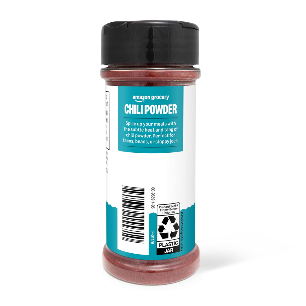 Amazon Grocery chili powder label closeup shows the 2.75-ounce bottle.