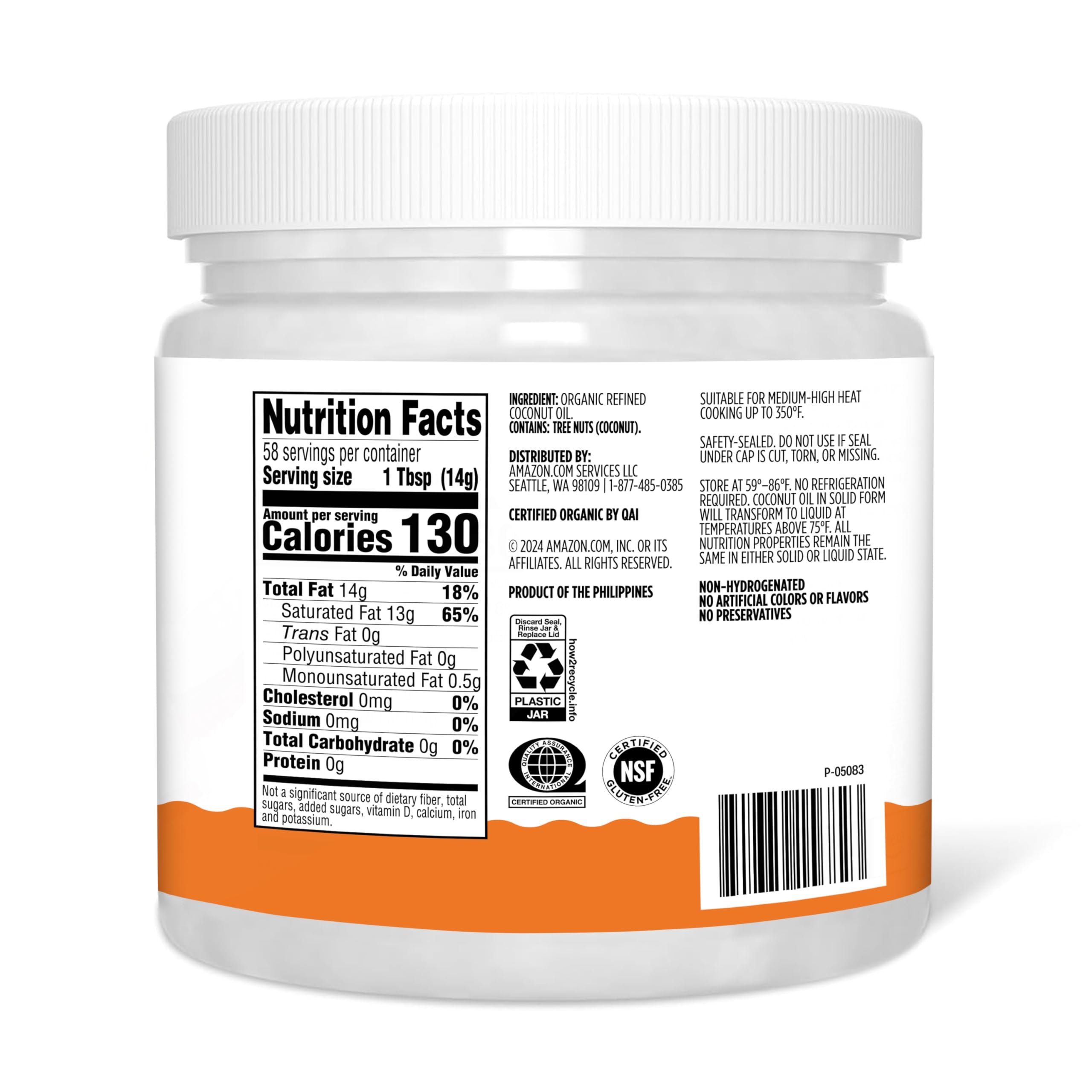 Amazon Grocery coconut oil 30oz label close-up shows non-GMO and refined quality.