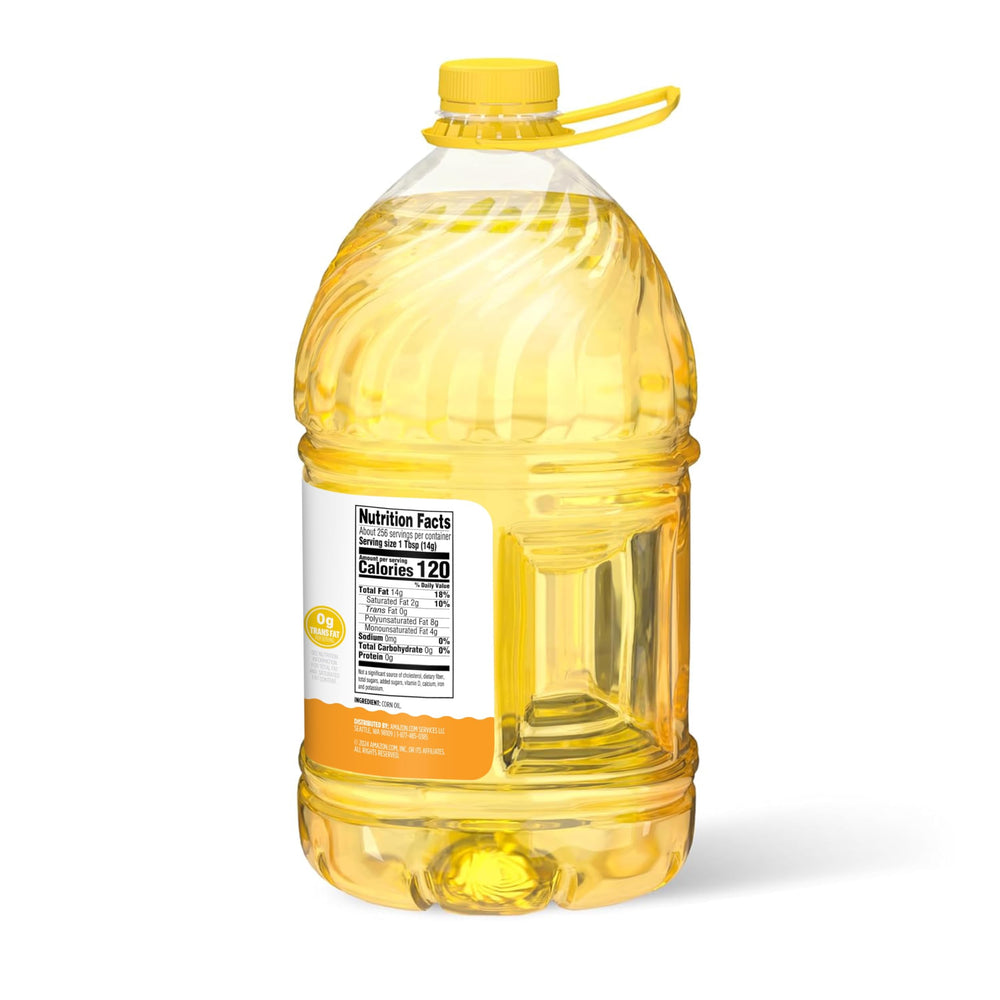Amazon Grocery corn oil 128oz bottle in kitchen setup ready for family meals.