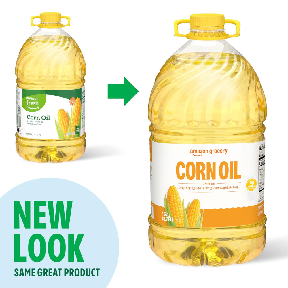 Amazon Grocery corn oil 128oz labeled bottle emphasizes easy storage and appeal.